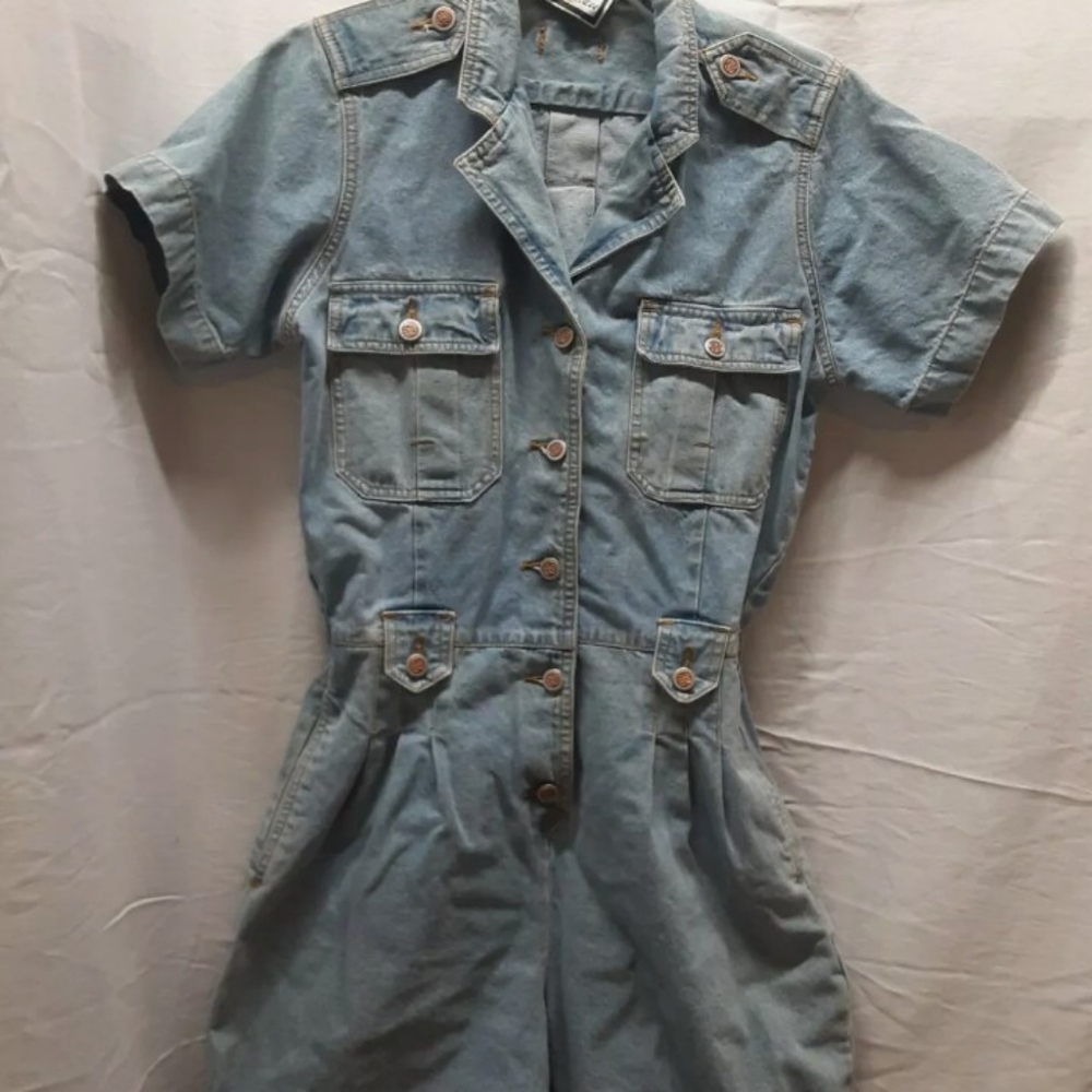 Vintage Bill Blass Size M Women's Denim Romper Button Pockets 80's 90's Shorts